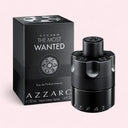 Azzaro The Most Wanted perfume bottle and packaging on a light pink background