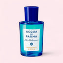 Marine blue Acqua Di Parma Blu Mediterraneo Eau de Toilette 100ml bottle on light neutral pink background