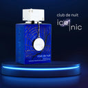 Armaf Club De Nuit Iconic For Men Eau De Parfum 105ml perfume bottle labeled 'club de nuit iconic' on a dark blue platform with brand name visible | BEAUTE KNOWS AUSTRALIA