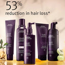 Aveda hair care products with a 53% reduction in hair loss claim on a beige background.