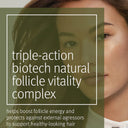 Close-up of a woman's face with text about a triple-action biotech natural follicle vitality complex.