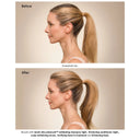 Before and after comparison of a woman with an ponytail, showing hair treatment results.