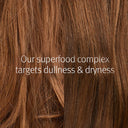 Close-up of brown hair before and after comparisons with text about a superfood complex targeting dullness and dryness.