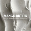 Close-up of mango butter with text indicating its use for dry hair.