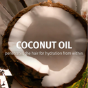Coconut half with text about coconut oil for hair hydration