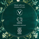 Aveda's Certification badges OF 100% VEGAN, leaping bunny approved cruelty free international and certified B corporation on a green background with floral elements | BEAUTE KNOWS AUSTRALIA