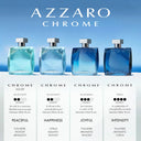 Four Azzaro Chrome perfume bottles with product details on a blue background