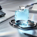 Blue perfume bottle labeled 'Chrome' on a reflective surface with a pen and phone in the background.