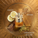 Perfume bottle with lemon slices, vetiver grass, and cardamom seeds on a gold background