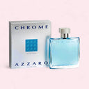 Azzaro Chrome Eau de Toilette 100ml perfume bottle and packaging on a light pink background