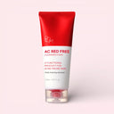 BEAUTE KNOWS Red and white tube of Beauty of Majesty BOM AC Red Free Cleansing Foam 150ml on a light pink background