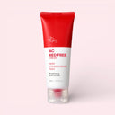 BEAUTE KNOWS Red and white tube of Beauty of Majesty BOM AC Red Free Cream 50ml on a light pink background