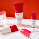 BEAUTE KNOWS Beauty of Majesty BOM AC Red Free range skincare products on a polka dot tablecloth with a red background