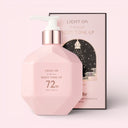Pink bottle of Beauty of Majesty BOM LIGHT ON In Shower Body Tone Up Lotion 290ml and packaging of 'Light On' body toner on a light pink background