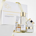 Beauty of Majesty BOM Peptide Power 5 Piece Gift Set with bottles of eye cream, toner, ampoule, sleeping mask, cream and packaging on a white background