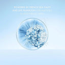 Product packaging with blue background and text about French sea salts and life plankton.