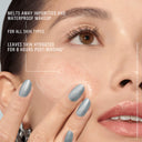 Close-up of a woman's face with text about skincare product benefits