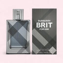 Burberry Brit for Him perfume bottle and packaging on a light pink background