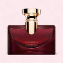 Perfume bottle labeled 'Magnolia Sensuel' with a gold cap on a light pink background
