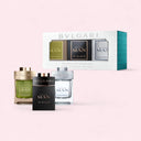 Bulgari men's mini perfume collection on a light pink background