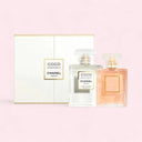 Chanel Coco Mademoiselle Eau de Parfum 50ml perfume bottle and Coco Mademoiselle Body Oil 100ml bottle with the Duo set packaging box on a pink background
