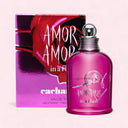 Pink Cacharel 'Amor Amor in a Flash' perfume bottle and packaging on a light pink background