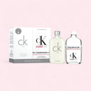 Calvin Klein CK One and Calvin Klein Ck Everyone perfume bottles and packaging on a pink background