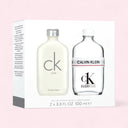 Calvin Klein CK One and Calvin Klein CK Everyone duo set packaging on a light pink background