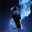 Carolina Herrera Colbalt Elixir Black and blue perfume bottle with blue smoke on a dark blue background