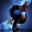 Caronlina Herrera Colbalt Elixir perfume bottle with abstract design of fragrance scents on a reflective surface with smoke on ash blue background