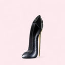 Black glitter high heel shoe shaped Carolina Herrera Good Girl Supreme Eau de parfum perfume bottle on a light pink background