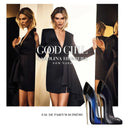 Karlie Kloss in a black dress in Advertisement for Carolina Herrera Good Girl Supreme eau de parfum shoe shaped perfume bottles