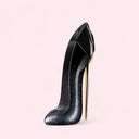 Carolina Herrera Good Girl Supreme Eau De Parfum Black highheel shoe shaped perfume bottle with glittery design on a light pink background