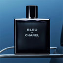 Chanel Bleu Eau de Toilette 150ml perfume bottle on a blue background