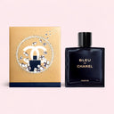 Limited Edition Bleu de Chanel Parfum perfume bottle and packaging on a light pink background