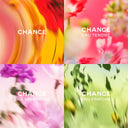 Four different 'Chance' perfume images with colorful abstract designs and  floral elements.