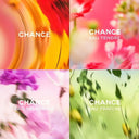Four different 'Chance' perfume bottles with colorful abstract designs and floral elements.
