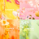 Four colorful product labels with 'Chance' branding on a blurred floral background.