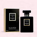 Chanel Coco Noir Eau de Parfum 50ml  perfume bottle and packaging on a light pink background