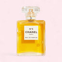 Chanel No 5 perfume bottle on a pink background