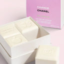 BEAUTE KNOWS Chanel Chance Eau Fraîche Gentle Perfumed Soaps 4x40g Limited Edition set with a pink box on a light pink background
