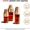 Clarins Double Serum anti-ageing skincare products with branding and accolades on a white background
