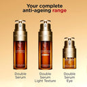 Clarins double serum bottles on a beige background with text 'Your complete anti-ageing range'.