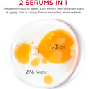 Diagram showing a ratio of oil to water with text about Clarins Double Serum Light Texture and skin benefits.