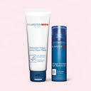 ClarinsMen Active Face Wash Forming Gel squeeze tube and ClarinsMen Super Moisture Gel bottle  on a pink background