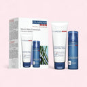 Clarins Men’s Skin Essentials Clean & Hydrate Duo Set packaging and ClarinsMen Active Face Wash Forming Gel and ClarinsMen Super Moisture Gel on a pink background