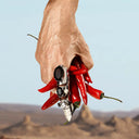 Hand wearing ring holding red chili peppers against a desert background