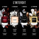 BEAUTE KNOWS Four Givenchy L'Interdit perfume bottles with descriptions on a black background