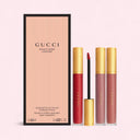 Gucci lip products including 3 matte lipsticks and a packaging box on a pink background