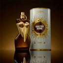 Jean Paul Gaultier Gaultier Divine Elixir Parfum 100ml perfume bottle and canister of Jean Paul Gaultier Divine Elixir on a reflective surface with a dark background